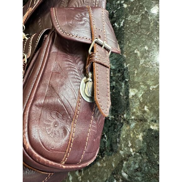 Vintage Hand Tooled Leather Backpack - Boho Western Leaf Design main image 6
